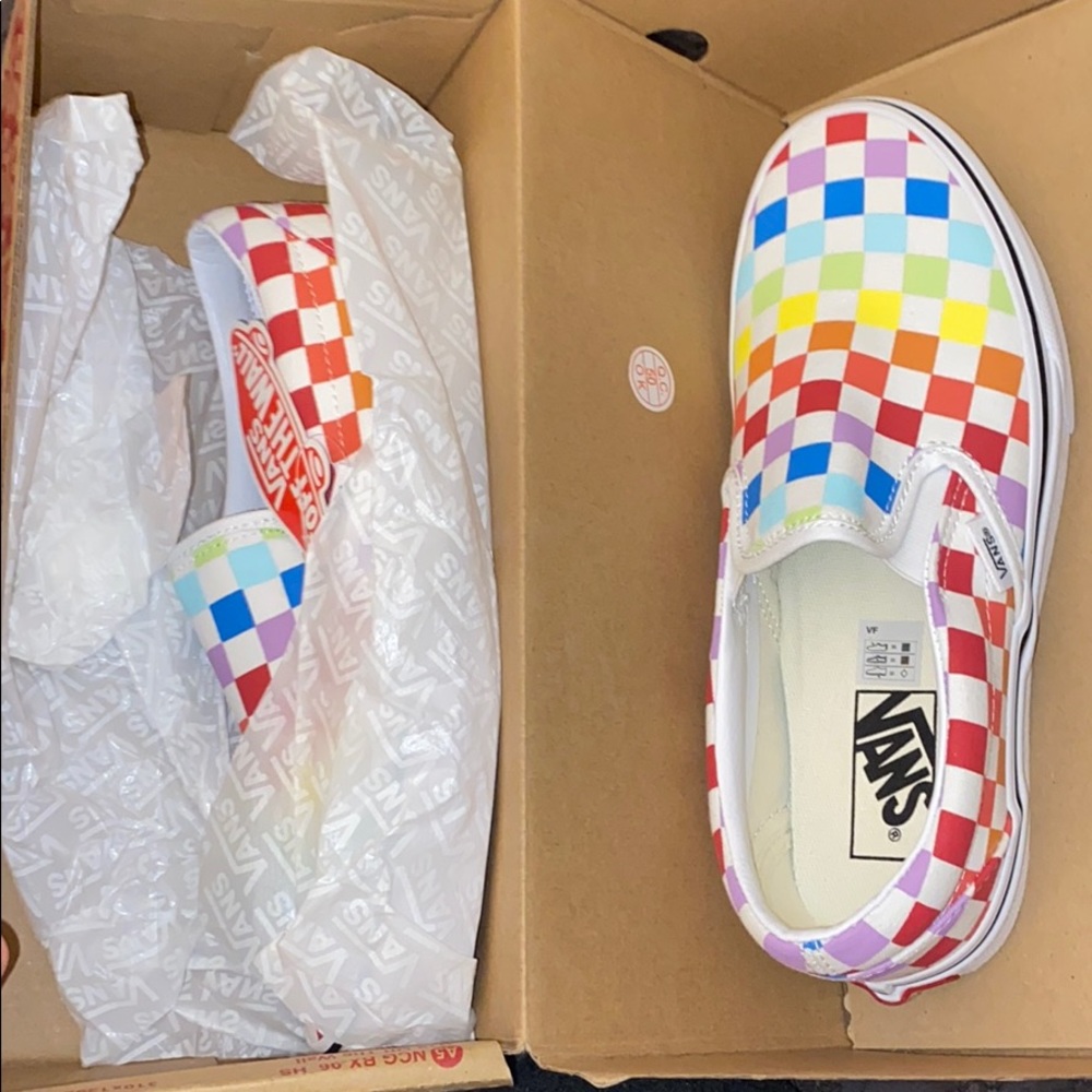 Rainbow checkered slip on Vans